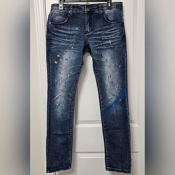 Kilogram Jeans Men's 33x31 Blue Splattered Slim Straight Leg Distressed GUC - Picture 1 of 9
